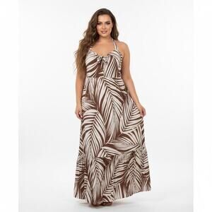 Terra Sky Palm Print Brow Beige Halter Smocked Maxi Dress 2x Resort Vacation